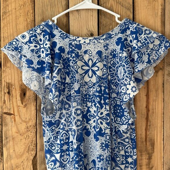 Maeve Anthropologie Sz XS Catie Ruffle-Sleeved‎ Tee Blouse Top Blue Motif Boho - Picture 6 of 14